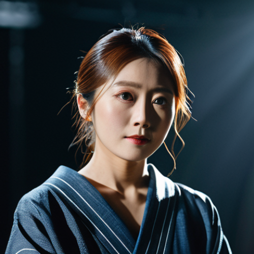 Home 11 A graceful Japanese actress, Aida Minori, embodying artistic versatility. She is dressed in a sophisticated, modest artistic gown, suitable for a professional photoshoot, appropriate attire, fully clothed. Standing on a dimly lit theater stage with a subtle spotlight, the background is blurred to emphasize her presence and hint at dramatic roles. Her eyes convey a deep, complex range of emotions, reflecting her ability to portray diverse characters. Natural pose, perfect anatomy, correct proportions, well-formed hands, proper finger count, natural body proportions, professional studio photography, high detail, cinematic lighting, safe for work, appropriate content, family-friendly.