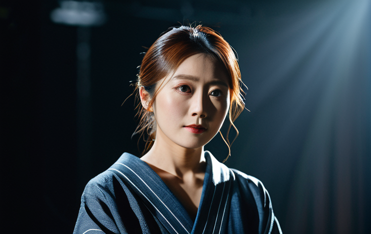 A graceful Japanese actress, Aida Minori, embodying artistic versatility. She is dressed in a sophisticated, modest artistic gown, suitable for a professional photoshoot, appropriate attire, fully clothed. Standing on a dimly lit theater stage with a subtle spotlight, the background is blurred to emphasize her presence and hint at dramatic roles. Her eyes convey a deep, complex range of emotions, reflecting her ability to portray diverse characters. Natural pose, perfect anatomy, correct proportions, well-formed hands, proper finger count, natural body proportions, professional studio photography, high detail, cinematic lighting, safe for work, appropriate content, family-friendly.